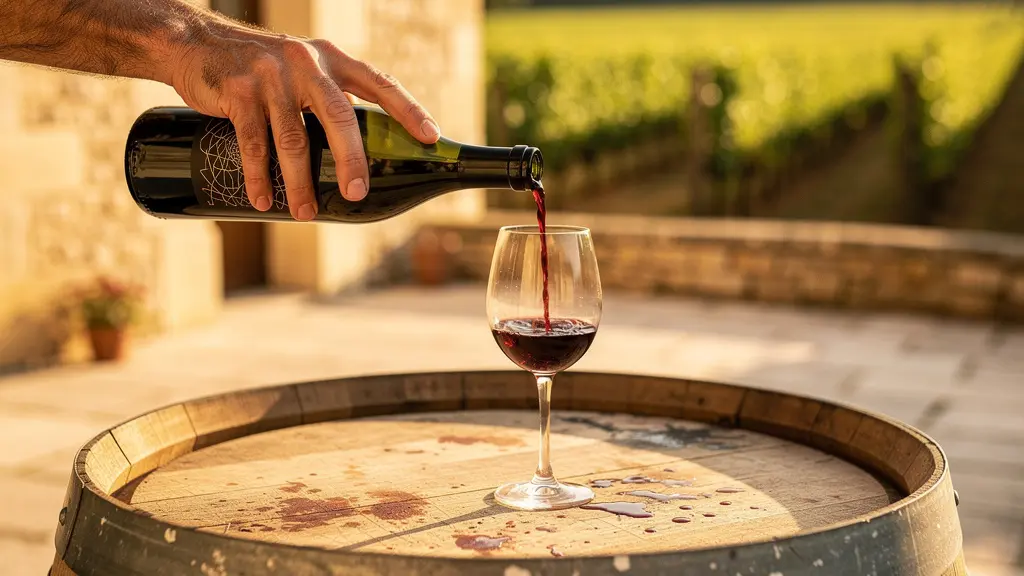 Un vigneron verse du vin dans un verre lors d'une dégustation au domaine, avec des rangées de vignes en arrière-plan baignées de lumière dorée