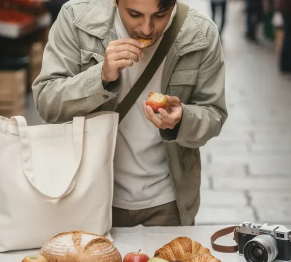 Voyageur choisissant des produits sur un marche local pour organiser un voyage gastronomique sans depasser son budget.