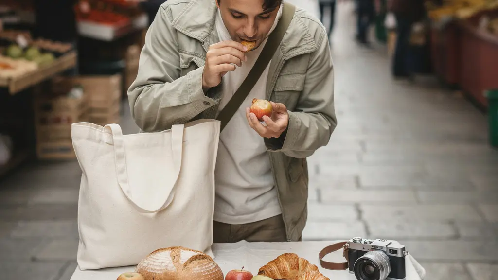 Voyageur choisissant des produits sur un marche local pour organiser un voyage gastronomique sans depasser son budget.