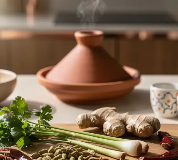 Plan large d'une cuisine moderne avec épices colorées du monde entier disposées en spirale sur un plan de travail en bois, vapeur aromatique visible