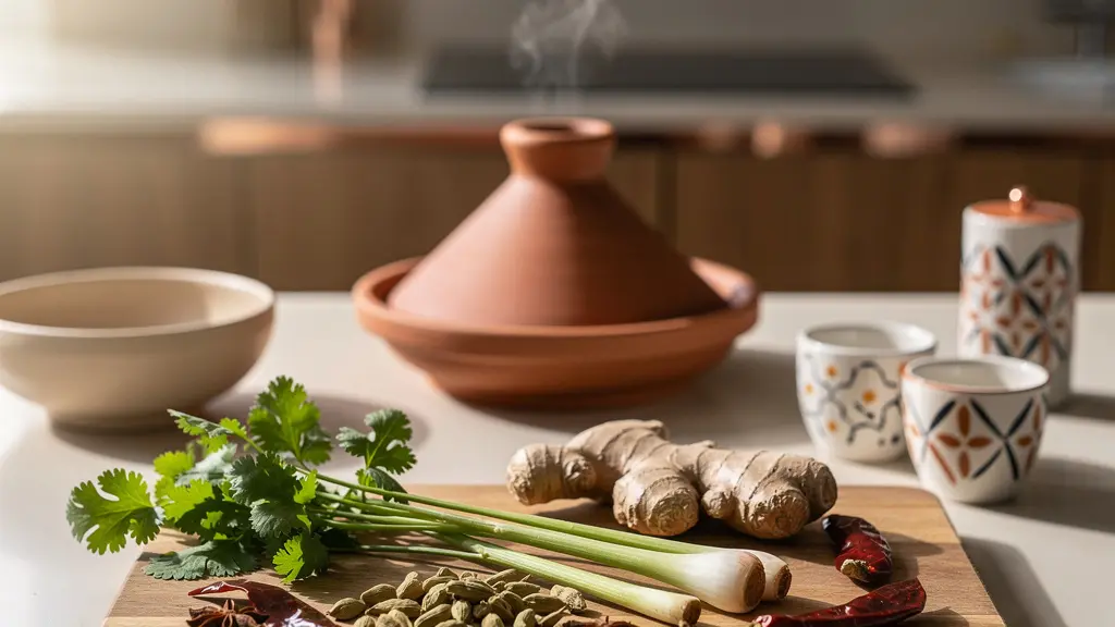 Plan large d'une cuisine moderne avec épices colorées du monde entier disposées en spirale sur un plan de travail en bois, vapeur aromatique visible