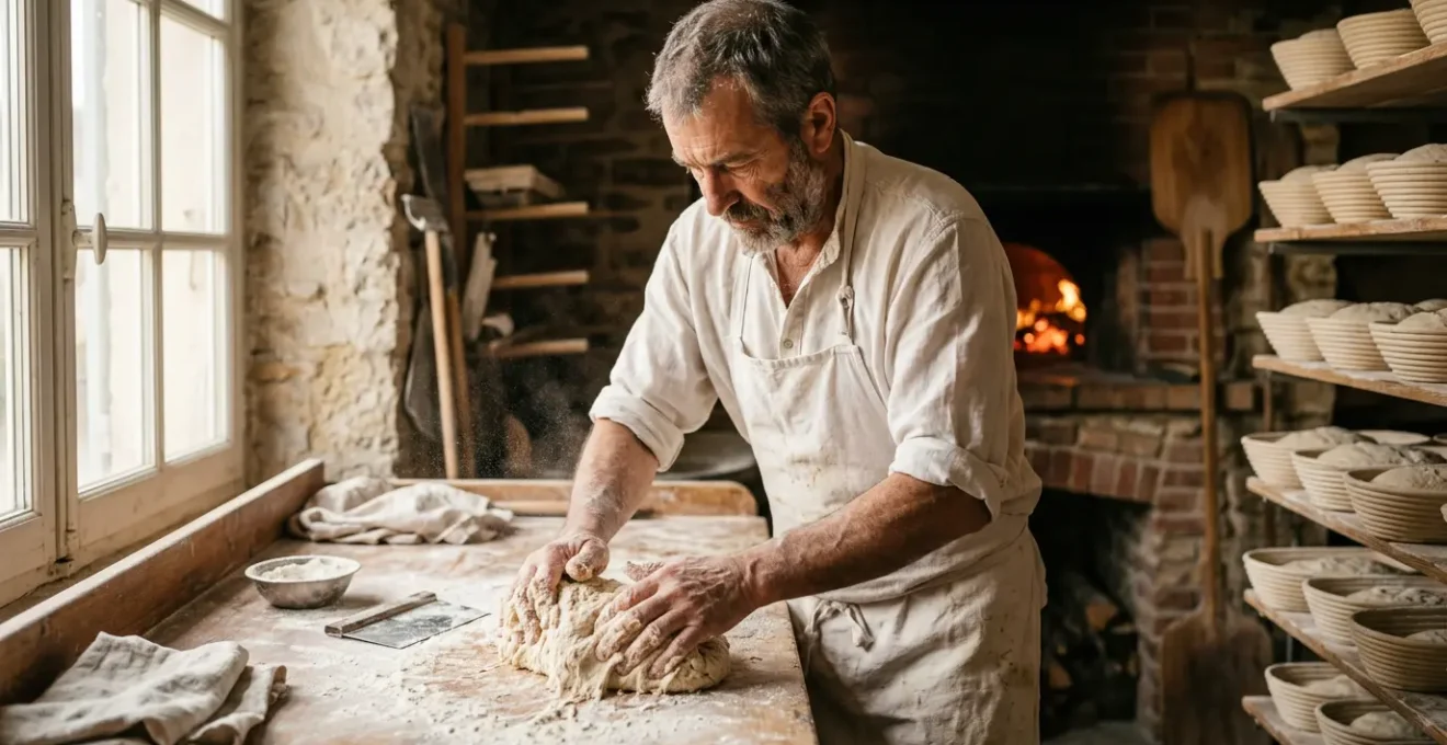 Artisan boulanger pétrissant une pâte à pain dans son fournil traditionnel avec des sacs de farine et un four à bois en arrière-plan