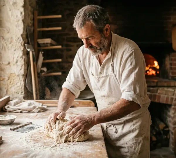 Artisan boulanger pétrissant une pâte à pain dans son fournil traditionnel avec des sacs de farine et un four à bois en arrière-plan