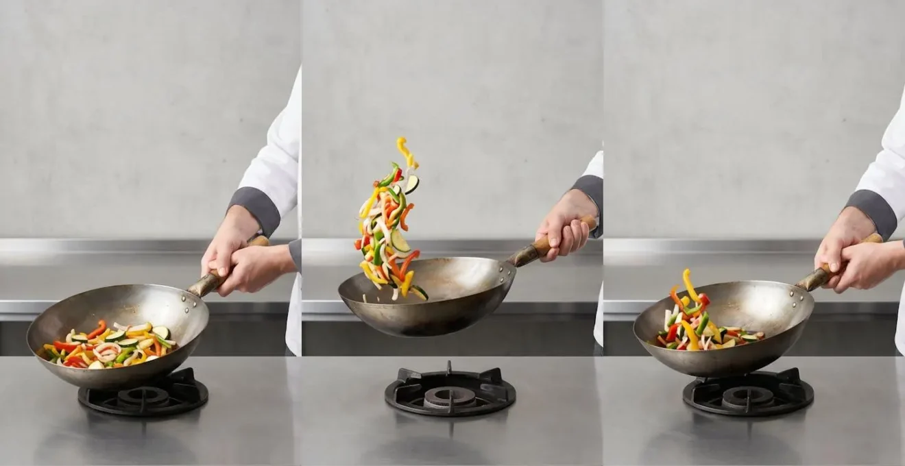 Séquence photographique montrant les trois phases du mouvement de sautage en cuisine