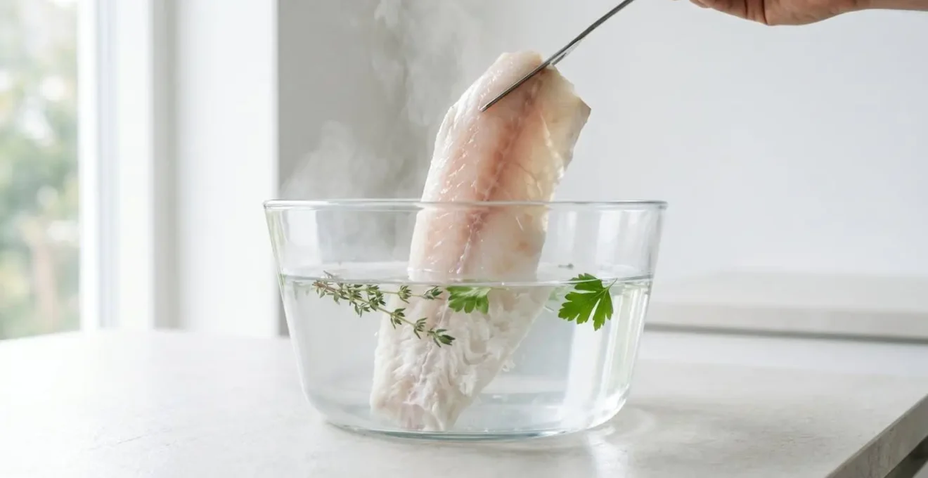 Filet de cabillaud translucide immergé dans une eau à 60°C avec des bulles délicates