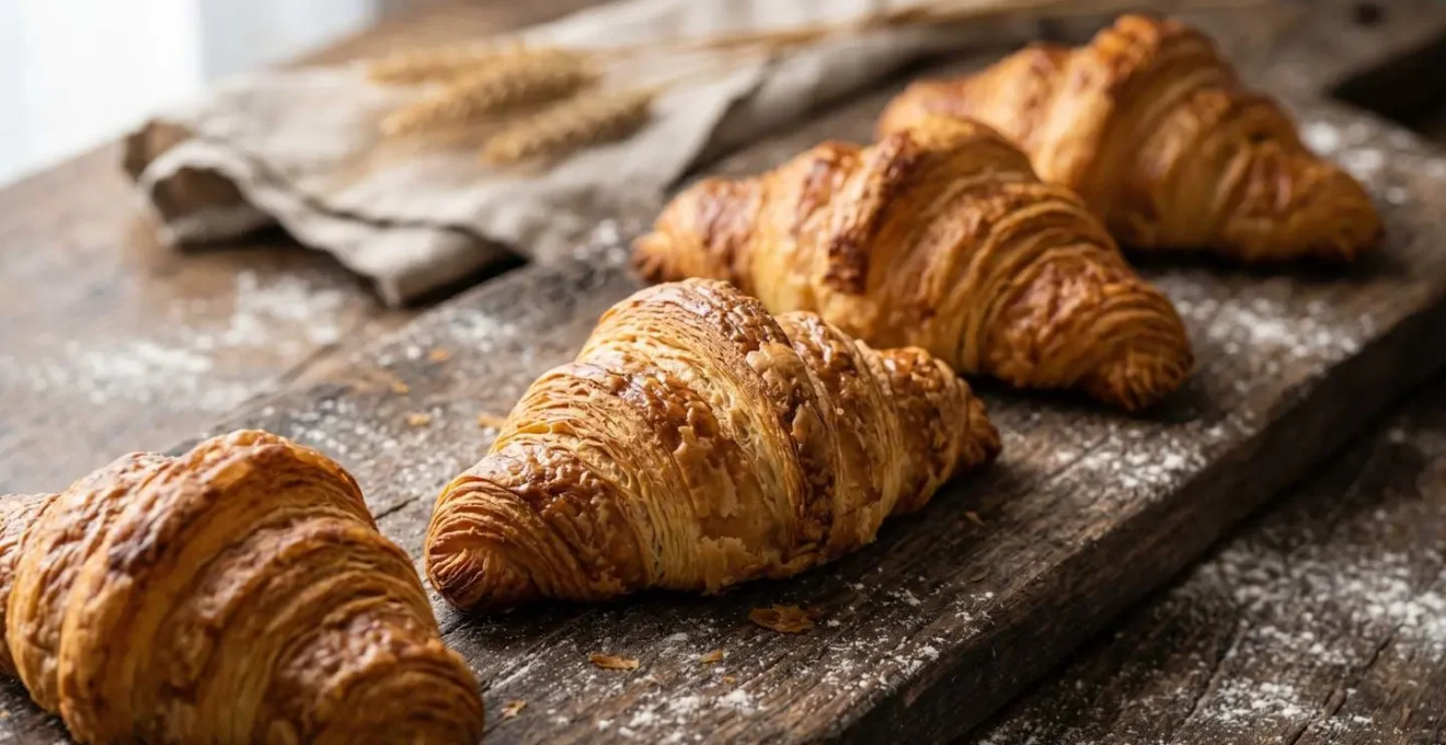 Gros plan sur des croissants artisanaux aux formes légèrement irrégulières montrant les couches de feuilletage doré