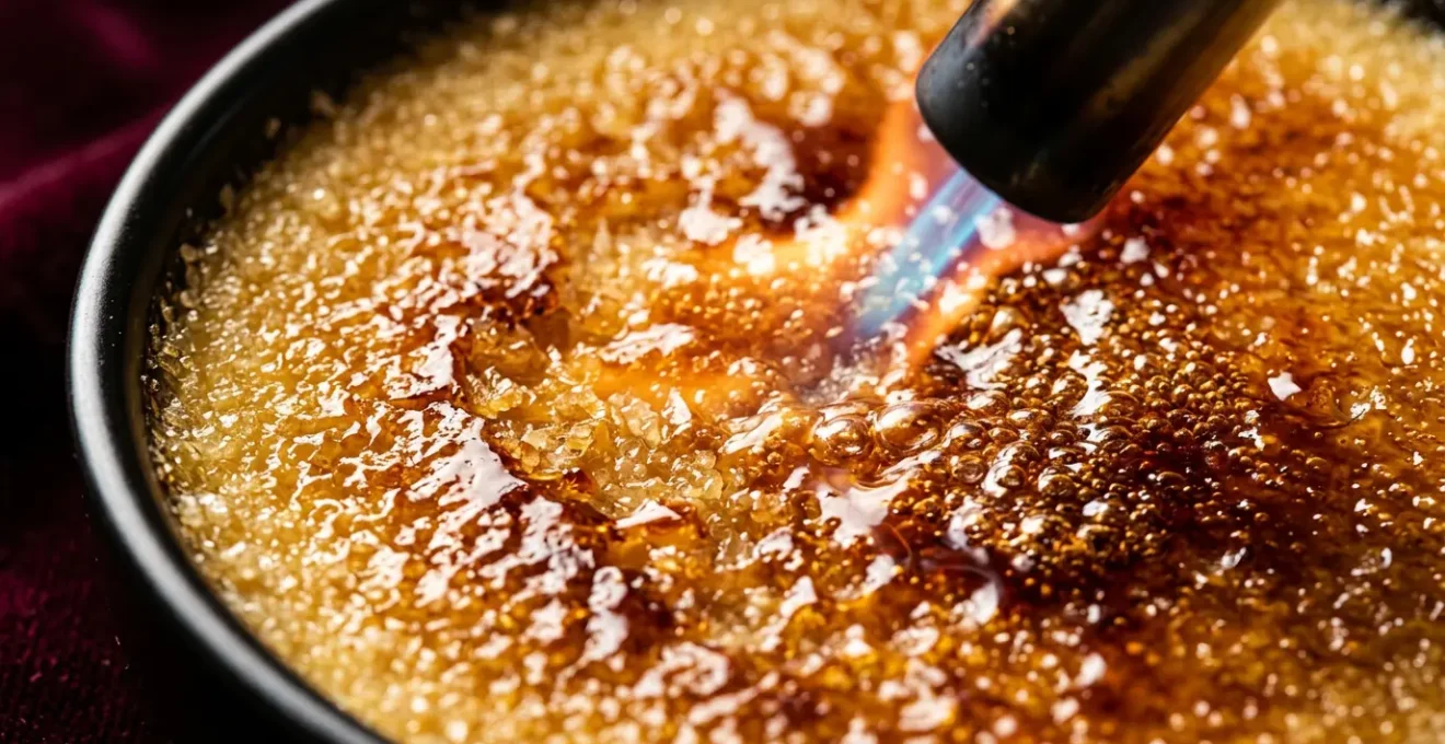 Gros plan sur une crème brûlée avec croûte caramélisée dorée parfaitement uniforme
