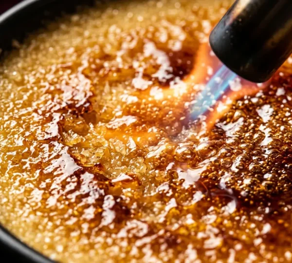 Gros plan sur une crème brûlée avec croûte caramélisée dorée parfaitement uniforme