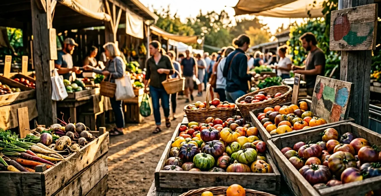 Marché de producteurs locaux avec variétés anciennes de tomates et légumes racines colorés