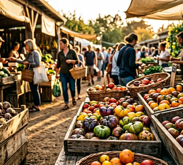 Marché de producteurs locaux avec variétés anciennes de tomates et légumes racines colorés