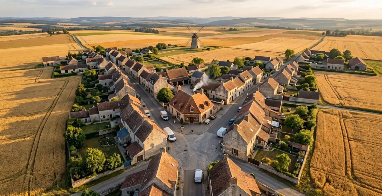 Vue aérienne d'un village français montrant la boulangerie artisanale au centre avec les connexions vers le moulin local et les champs de blé environnants