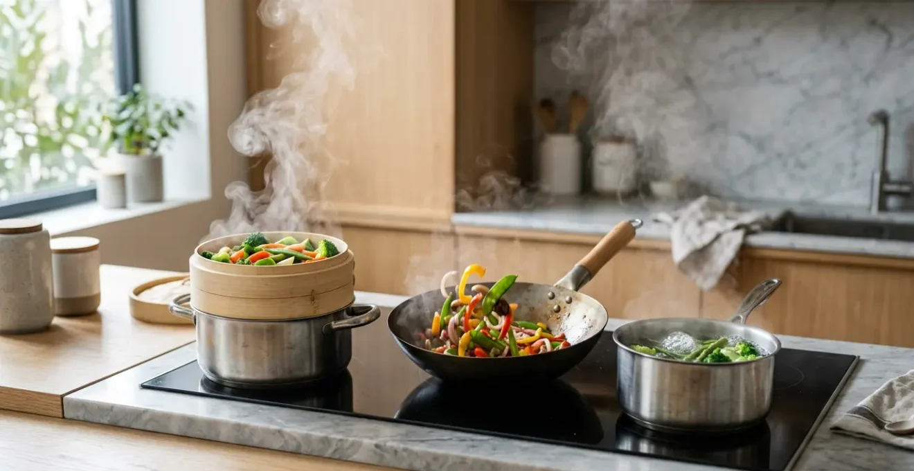 Vue rapprochée d'aliments colorés dans une casserole avec de la vapeur montante révélant les nutriments préservés