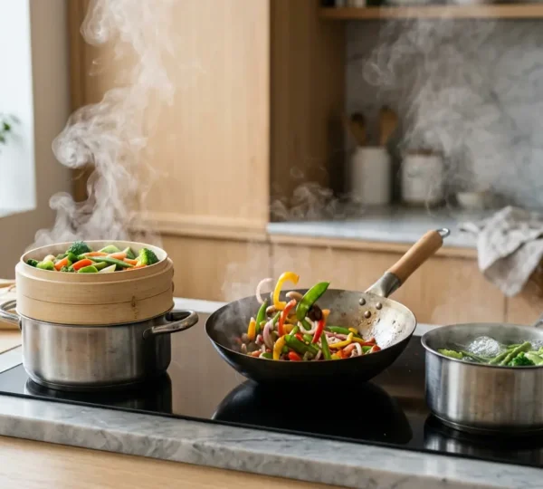 Vue rapprochée d'aliments colorés dans une casserole avec de la vapeur montante révélant les nutriments préservés