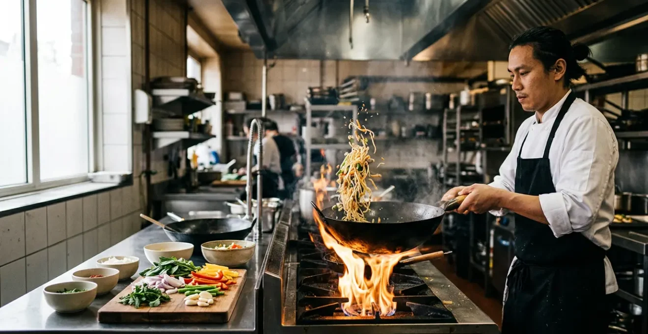 Chef professionnel maîtrisant la technique du wok hei avec flammes spectaculaires