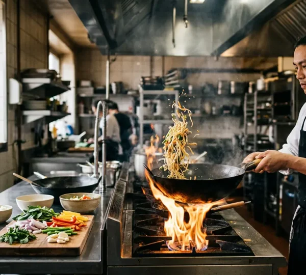 Chef professionnel maîtrisant la technique du wok hei avec flammes spectaculaires