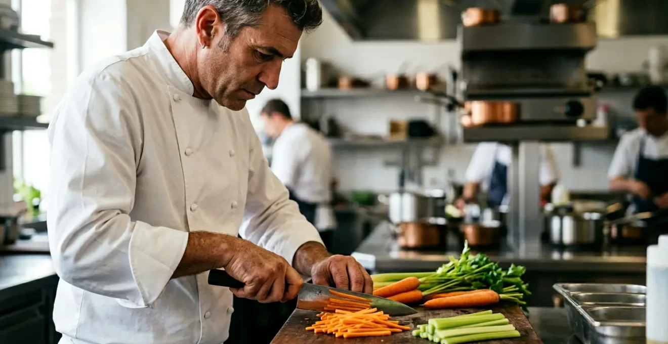 Chef professionnel en pleine concentration démontrant une technique de découpe précise dans une cuisine moderne