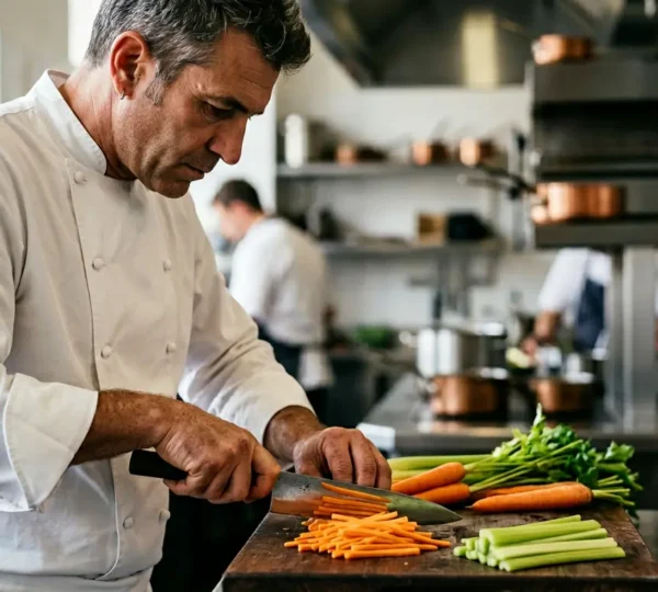 Chef professionnel en pleine concentration démontrant une technique de découpe précise dans une cuisine moderne
