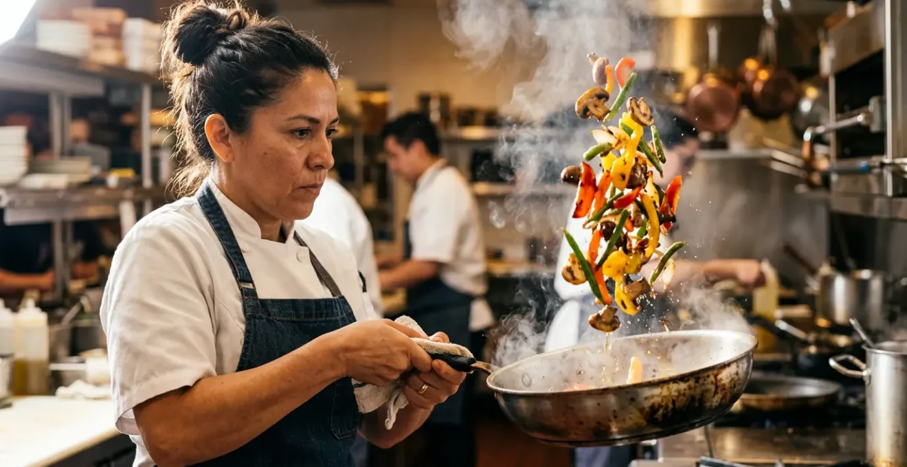Chef professionnel exécutant un geste de sautage parfait avec des légumes colorés dans une poêle en inox