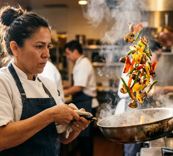 Chef professionnel exécutant un geste de sautage parfait avec des légumes colorés dans une poêle en inox