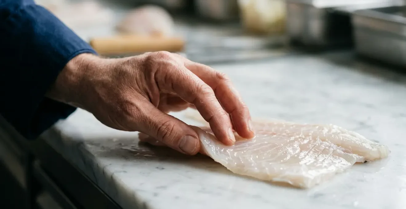 Mains expertes manipulant délicatement un filet de poisson avec précision culinaire