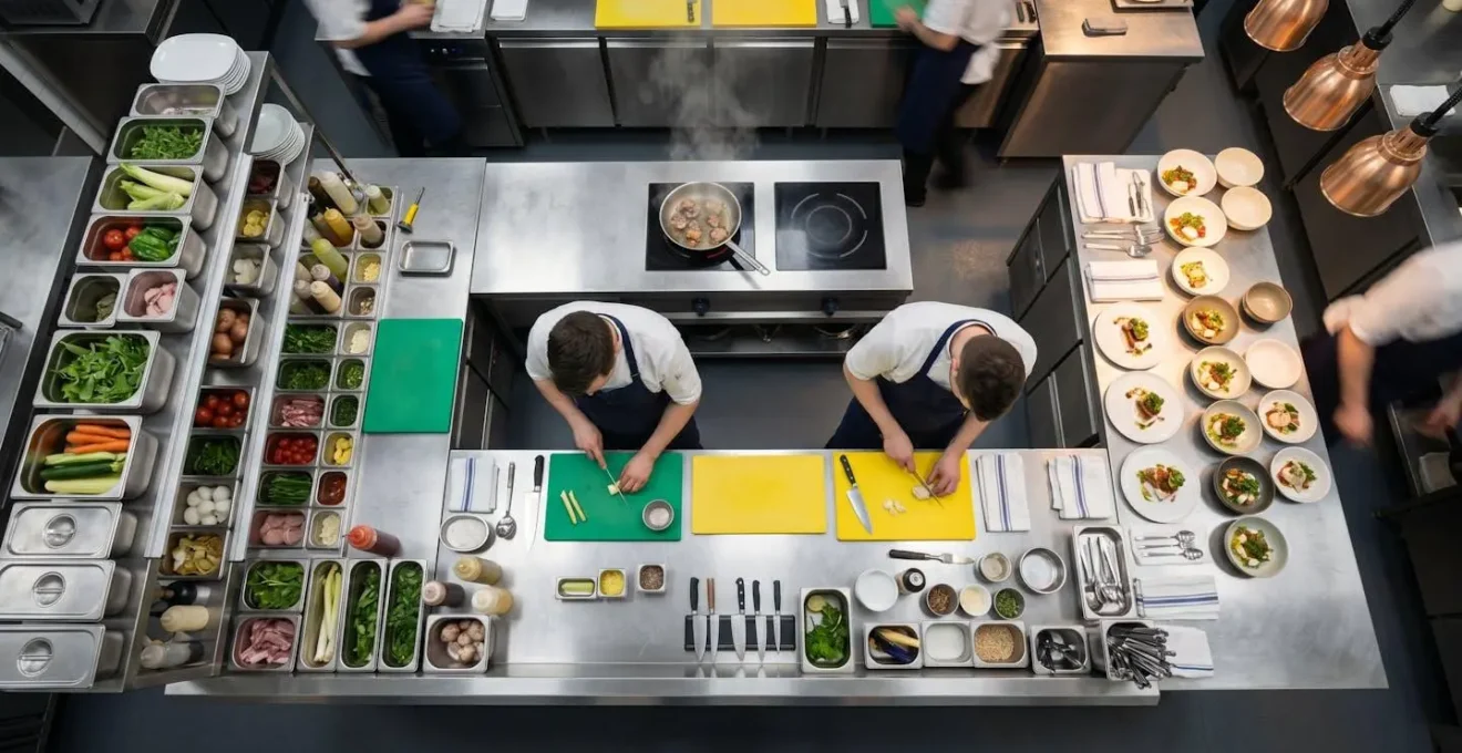 Vue aérienne d'un plan de travail professionnel parfaitement organisé pendant le service