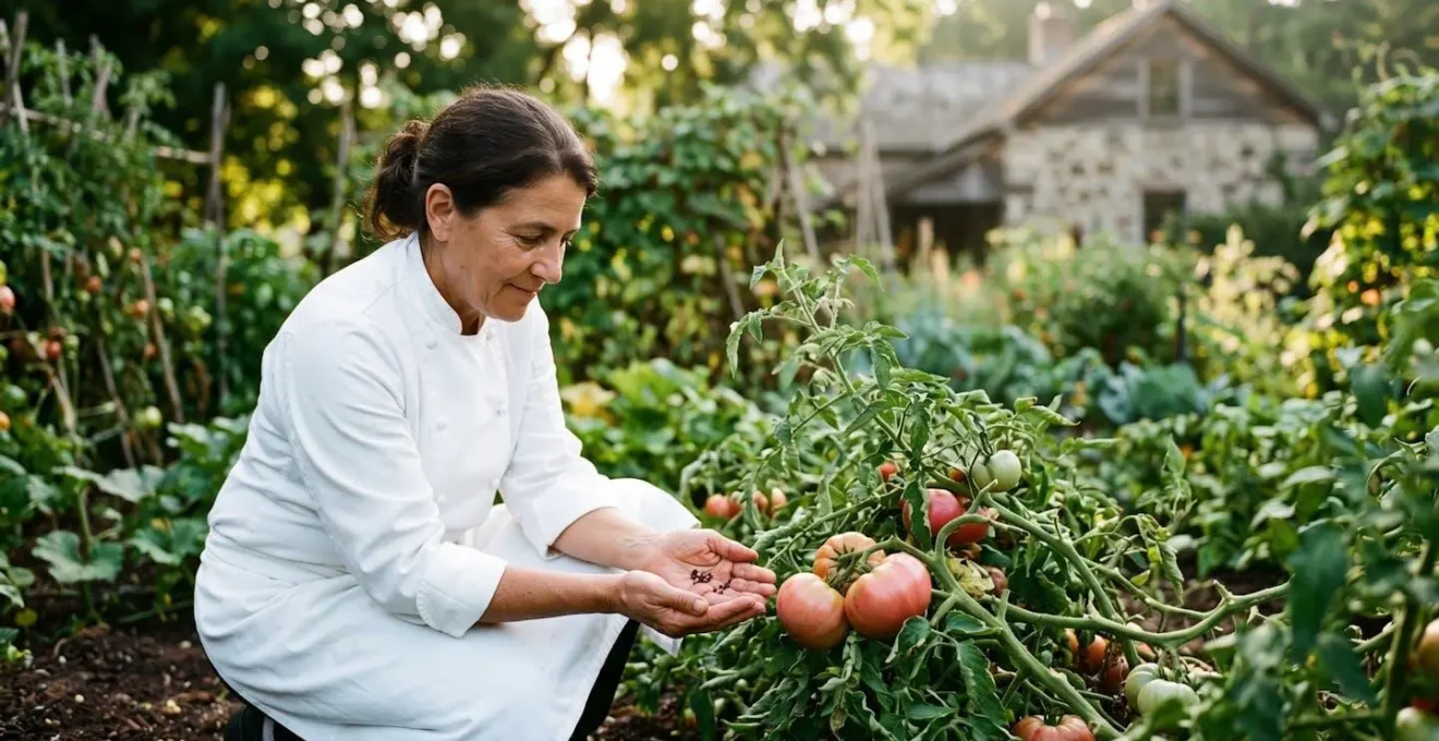 Potager conservatoire d'un restaurant avec variétés anciennes et système de récolte de graines