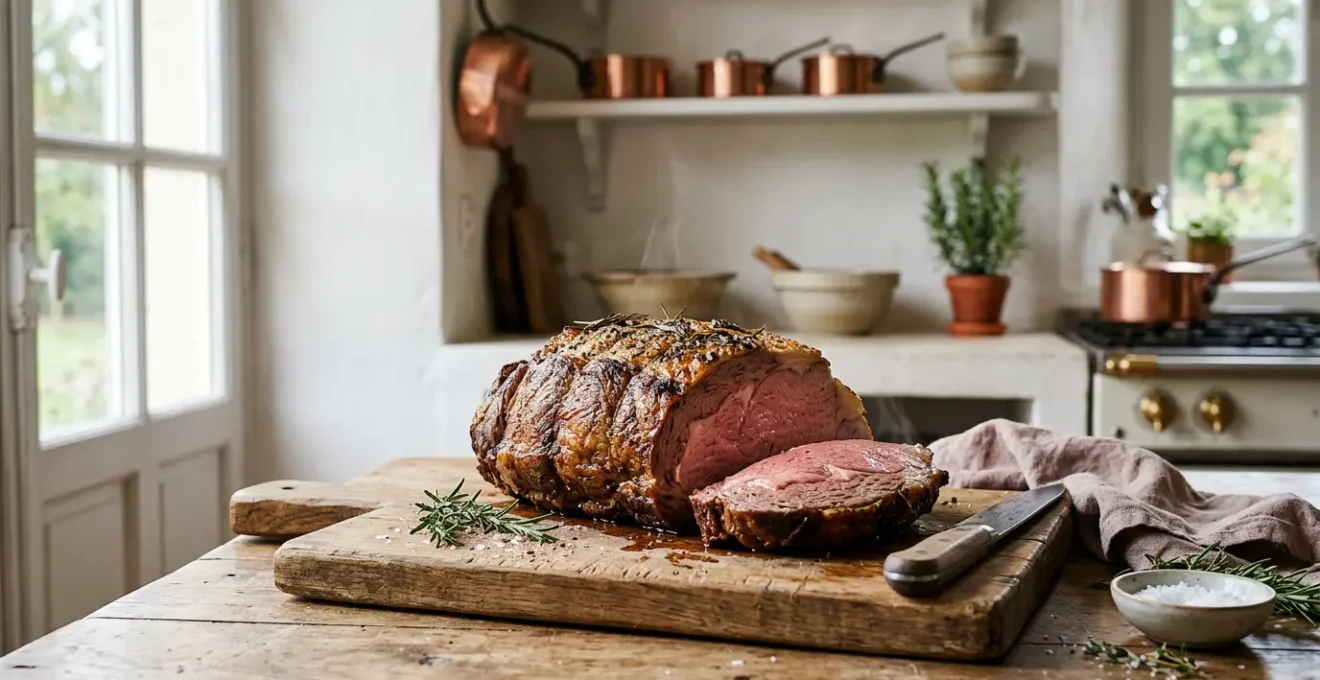 Rôti de bœuf parfaitement doré montrant la réaction de Maillard avec croûte caramélisée et intérieur rosé