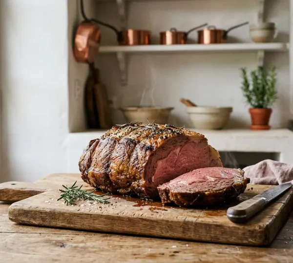 Rôti de bœuf parfaitement doré montrant la réaction de Maillard avec croûte caramélisée et intérieur rosé