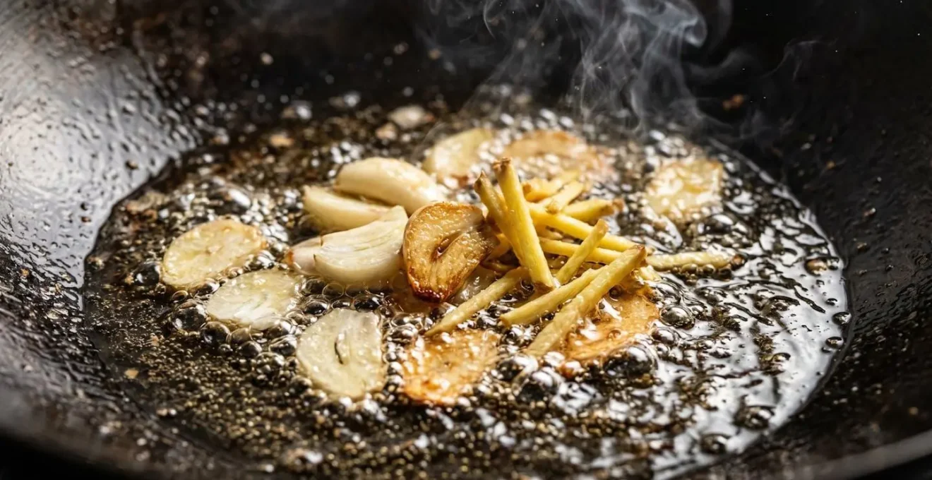 Gros plan macro sur ail et gingembre grillés dans l'huile bouillante du wok
