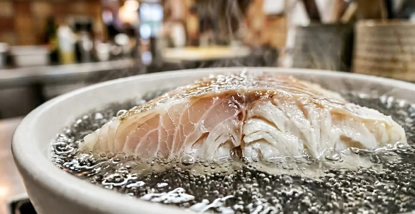 Vue macro en coupe d'un filet de poisson dans un bain d'eau frémissante montrant la transformation progressive de la chair