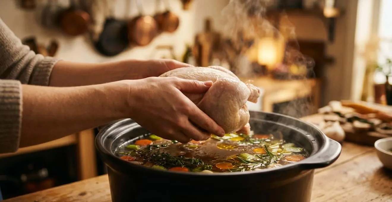Poulet entier dans un bouillon doré parsemé d'herbes fraîches et légumes colorés