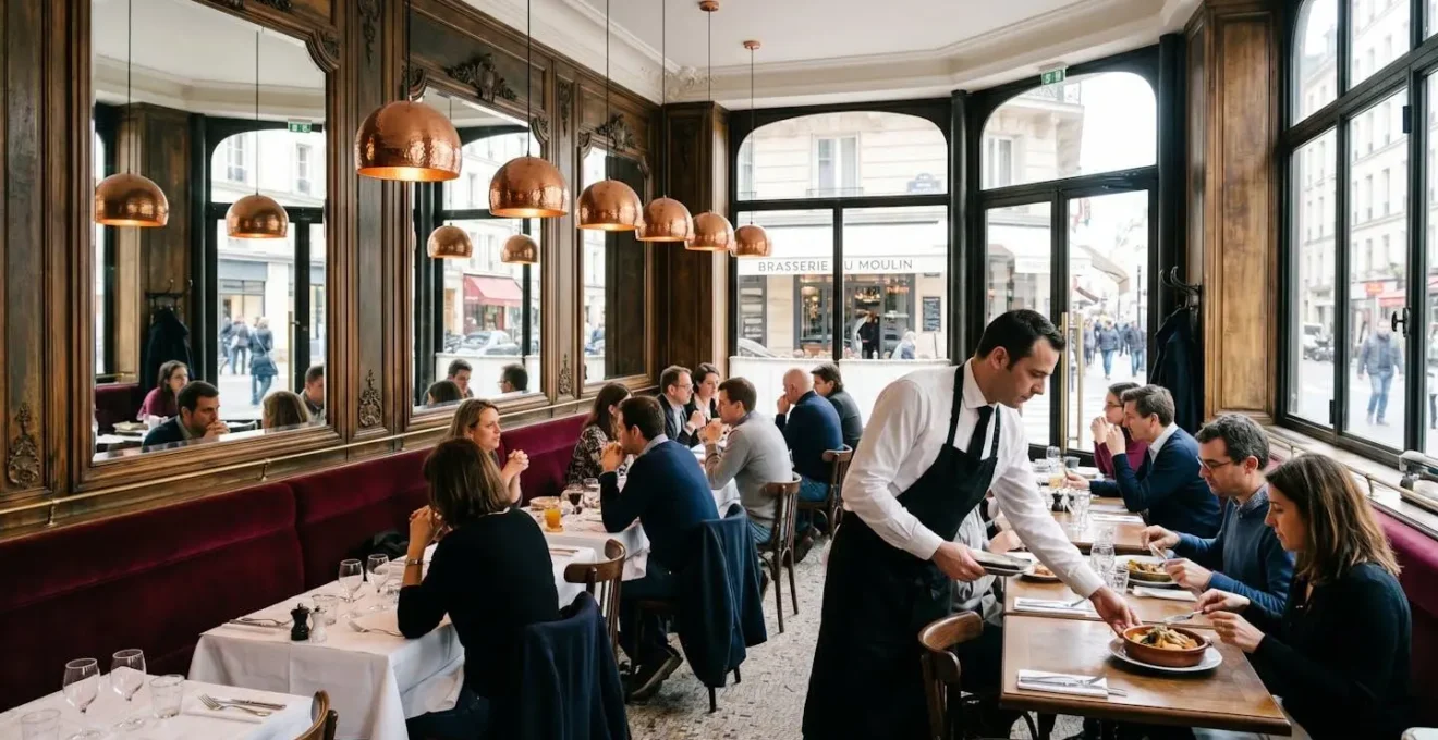 Salle de brasserie rénovée style Belle Époque avec banquettes velours bordeaux, miroirs anciens, luminaires cuivrés et serveur déposant une assiette, lumière naturelle par grandes baies vitrées