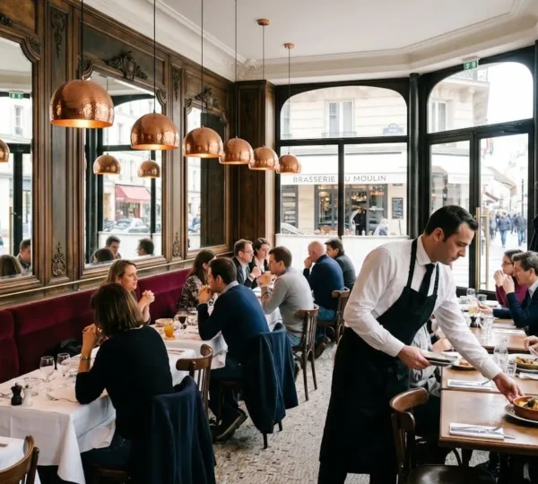 Salle de brasserie rénovée style Belle Époque avec banquettes velours bordeaux, miroirs anciens, luminaires cuivrés et serveur déposant une assiette, lumière naturelle par grandes baies vitrées