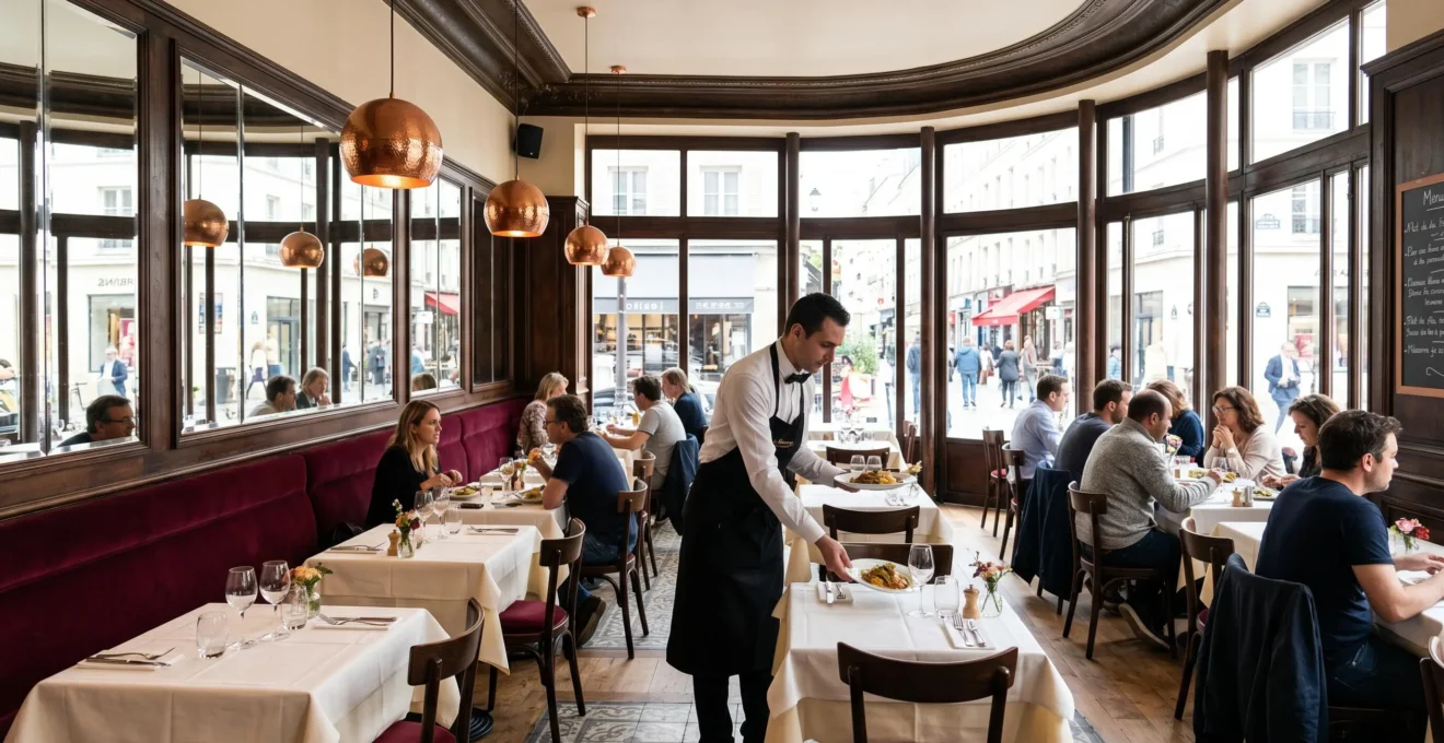 Salle de brasserie rénovée style Belle Époque avec banquettes velours bordeaux, miroirs anciens, luminaires cuivrés et serveur déposant une assiette, lumière naturelle par grandes baies vitrées