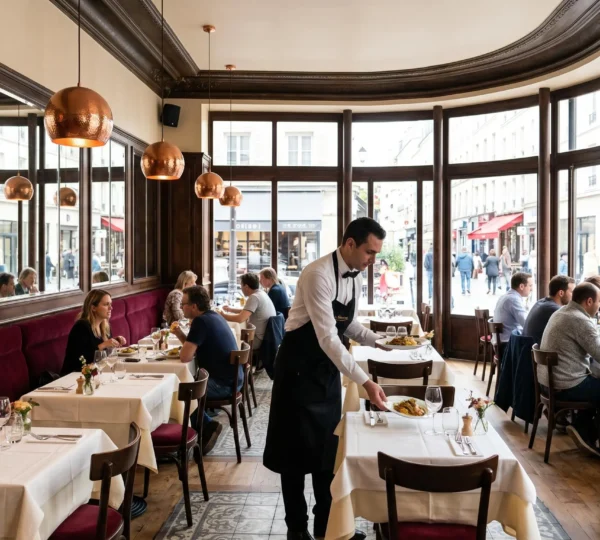 Salle de brasserie rénovée style Belle Époque avec banquettes velours bordeaux, miroirs anciens, luminaires cuivrés et serveur déposant une assiette, lumière naturelle par grandes baies vitrées
