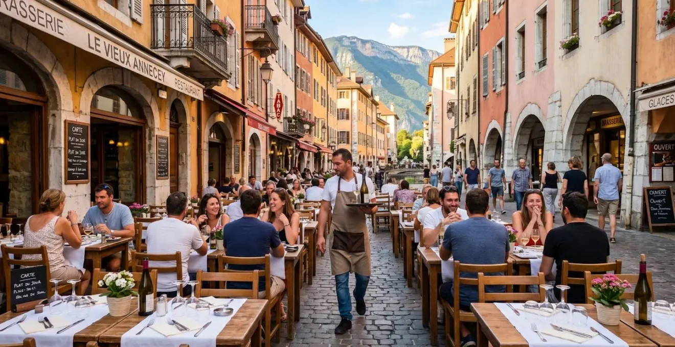 Terrasse de brasserie à Annecy avec tables dressées, clients et serveur, façades colorées de la vieille ville et montagnes savoyardes en arrière-plan, lumière dorée de fin d'après-midi