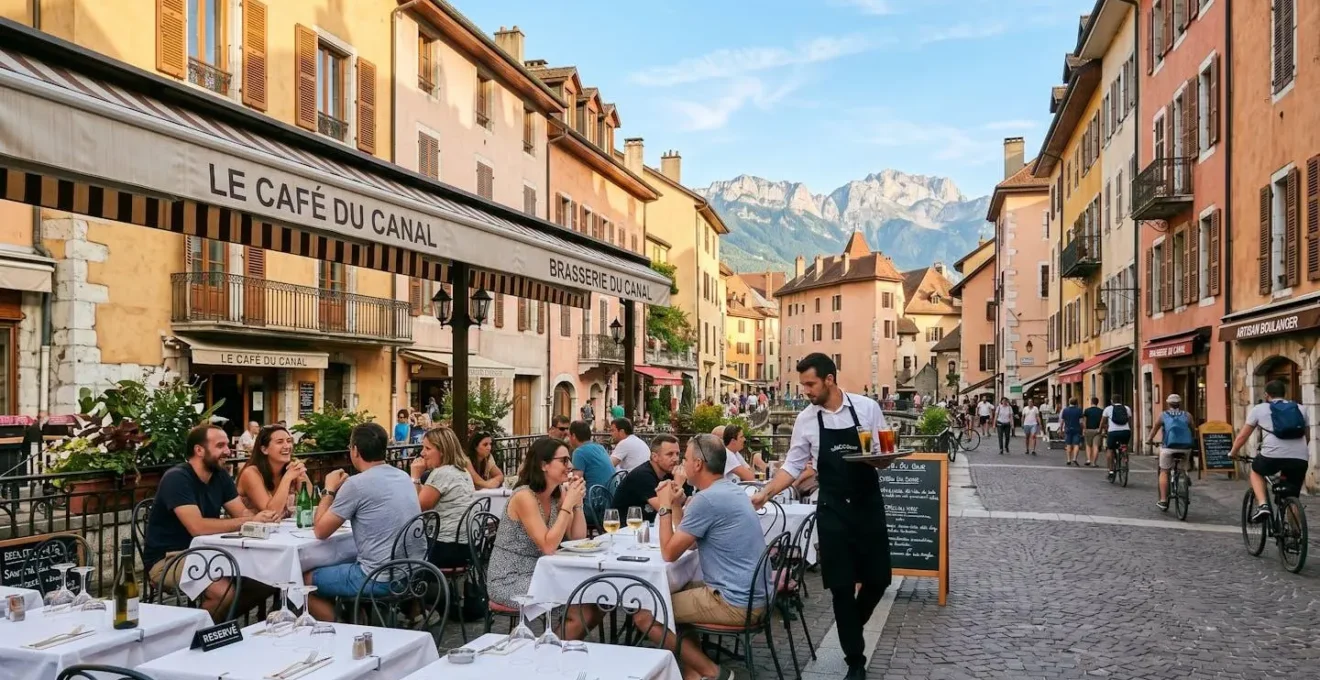 Terrasse de brasserie à Annecy avec tables dressées, clients et serveur, façades colorées de la vieille ville et montagnes savoyardes en arrière-plan, lumière dorée de fin d'après-midi