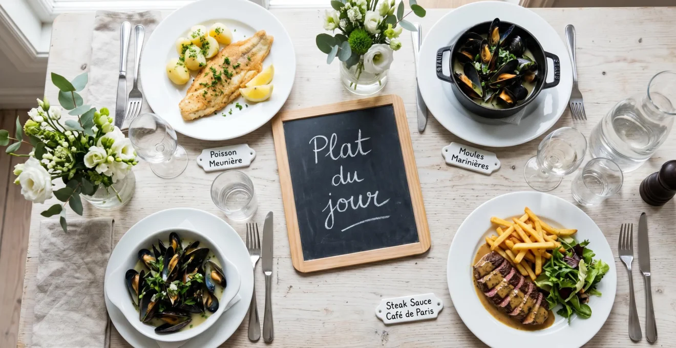 Vue de dessus d'une table de brasserie avec ardoise 'Plat du jour', assiettes de poisson meunière, moules marinières et steak sauce café de Paris, vaisselle blanche et éclairage naturel