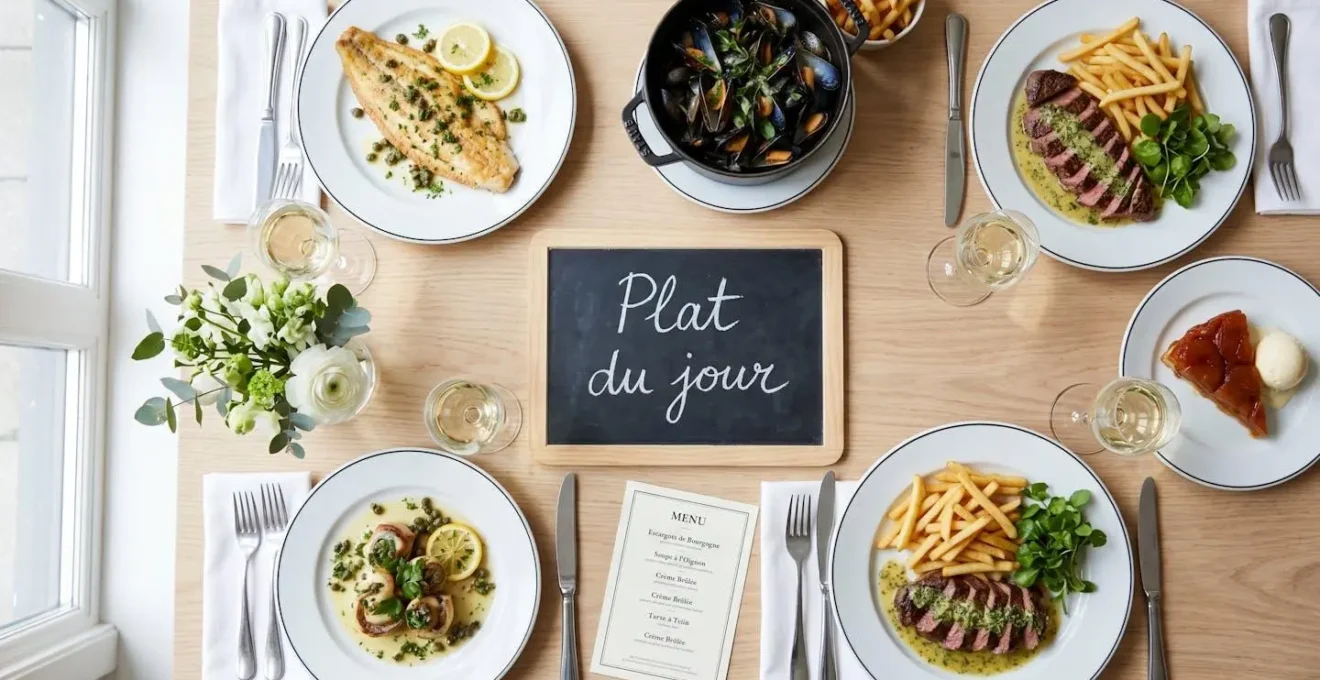 Vue de dessus d'une table de brasserie avec ardoise 'Plat du jour', assiettes de poisson meunière, moules marinières et steak sauce café de Paris, vaisselle blanche et éclairage naturel