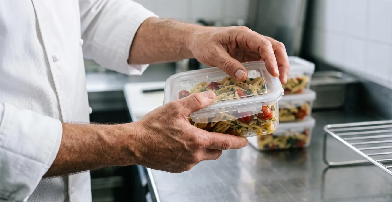 Gros plan sur les mains d'un chef de restaurant examinant la solidité et la qualité d'un contenant alimentaire transparent dans une cuisine professionnelle