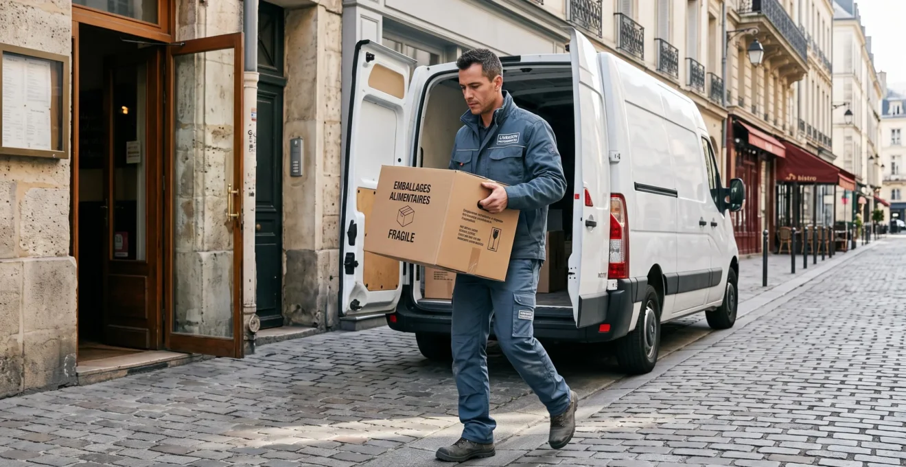 Livreur professionnel déchargeant des cartons d'emballages alimentaires depuis un utilitaire devant l'entrée de service d'un restaurant en zone urbaine française