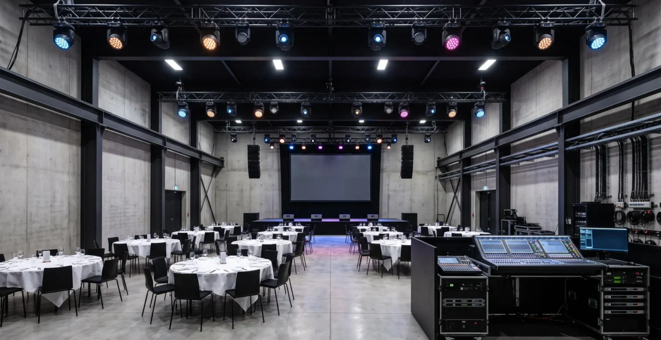 Salle événementielle équipée avec console de mixage, projecteurs LED et estrade professionnelle, tables rondes dressées pour 200 personnes