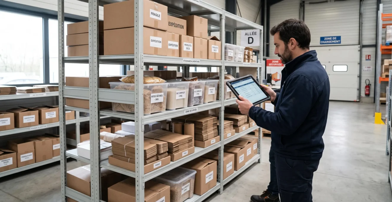 Zone de stockage professionnel d'emballages alimentaires dans un entrepôt B2B, avec gestionnaire consultant une tablette devant des rayonnages métalliques organisés contenant cartons, contenants et sacs pour restauration