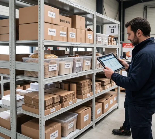 Zone de stockage professionnel d'emballages alimentaires dans un entrepôt B2B, avec gestionnaire consultant une tablette devant des rayonnages métalliques organisés contenant cartons, contenants et sacs pour restauration