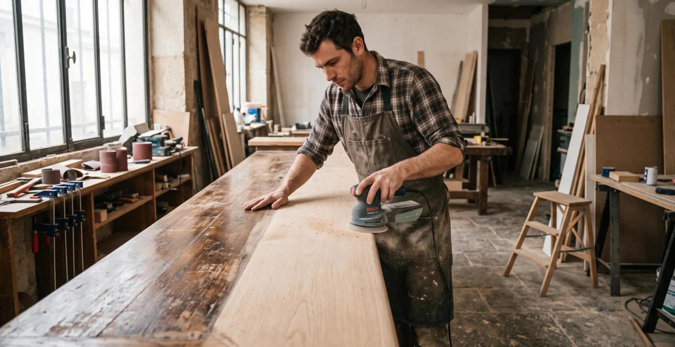 Un artisan ponce le plateau en bois d'un comptoir de bar d'occasion dans un atelier, à mi-parcours de sa rénovation.