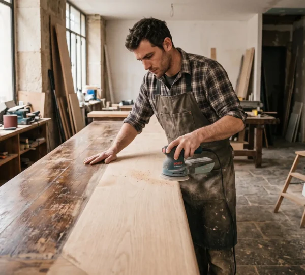 Un artisan ponce le plateau en bois d'un comptoir de bar d'occasion dans un atelier, à mi-parcours de sa rénovation.