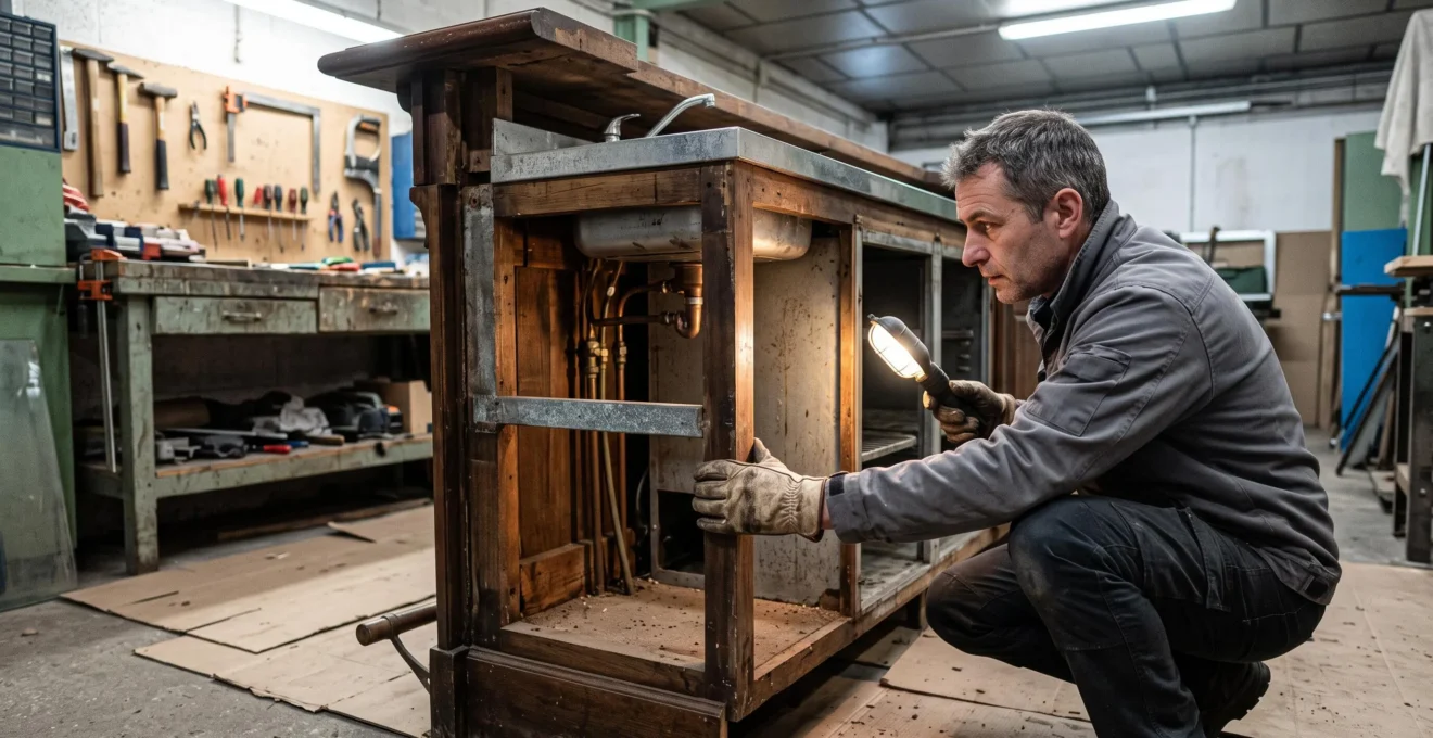 Un professionnel inspecte la structure interne et les raccordements d'un comptoir de bar d'occasion retourné dans un atelier.